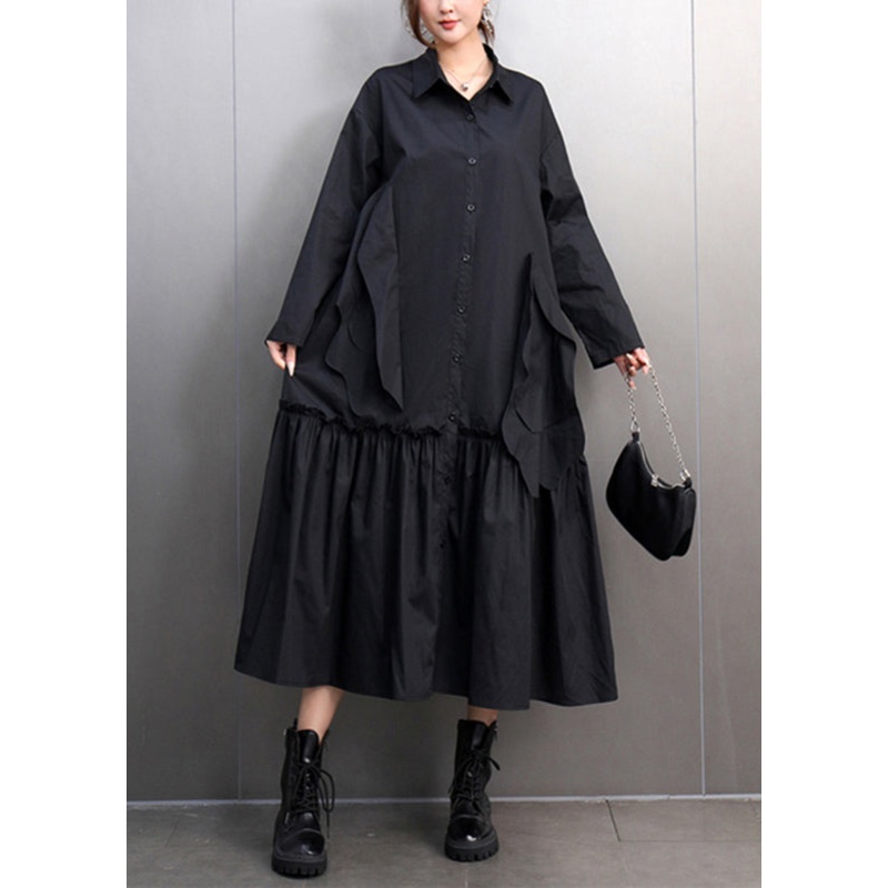 Black Maxi Shirts Dress Ruffled Patchwork Spring