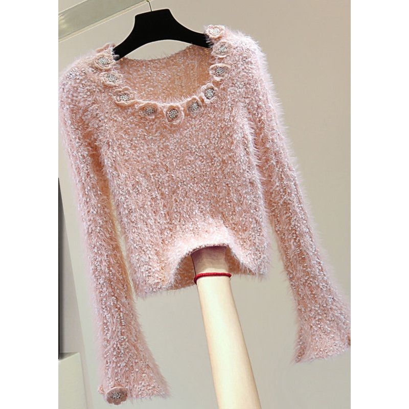 Bohemian Pink O-Neck Floral Ma Hai Mao Cotton Knit Sweaters Winter