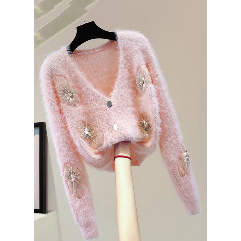 Bohemian Pink V Neck Zircon Thick Mink Hair Knitted Sweater Winter