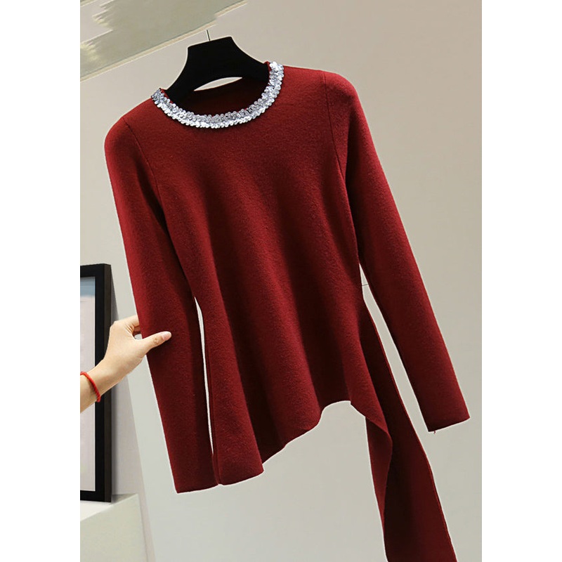 Boutique Red Asymmetrical Sequins Patchwork Cotton Knit Sweater Winter