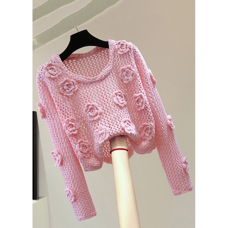 Brief Pink Floral Hollow Out Cotton Knit Sweaters Spring