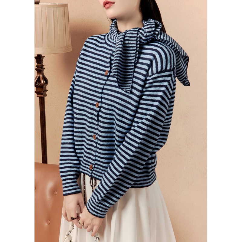 Casual Blue Scarf Striped Button Knit Sweater Winter