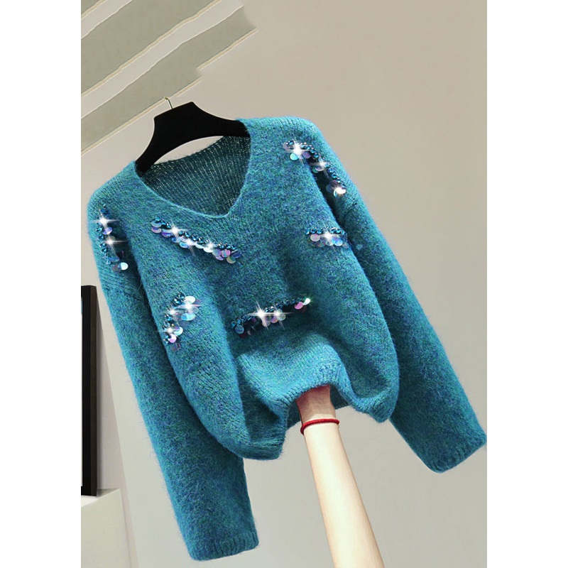 Casual Blue V Neck Sequins Thick Cotton Knit Sweater Winter
