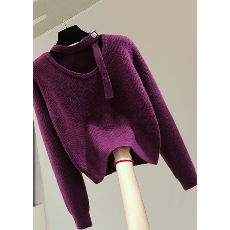 Casual Purple O-Neck Cozy Cotton Knit Sweaters Winter