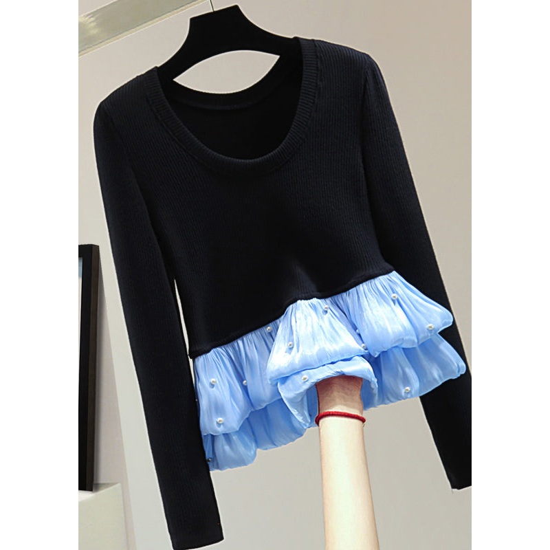 Chic Black Chiffon Patchwork Nail Bead Cotton Knit Top