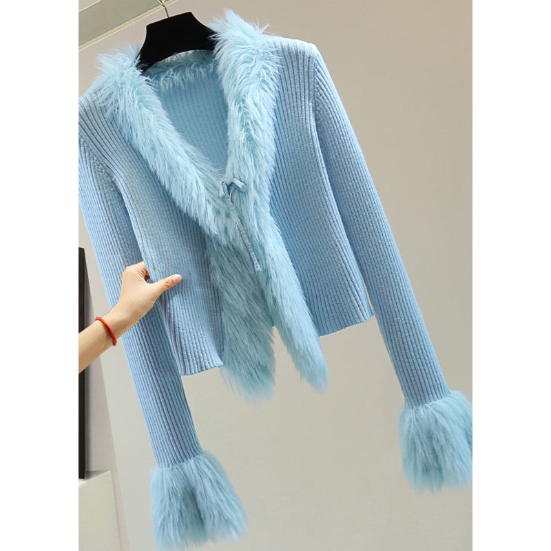 Chic Blue Fur Collar Patchwor Solid Cotton Knit Sweater Winter