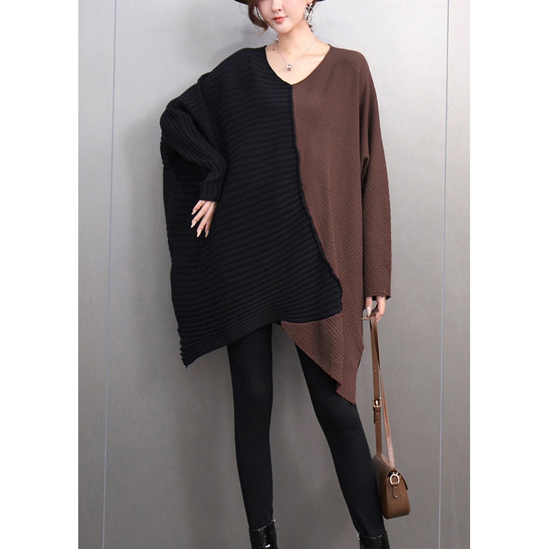 Chic Brown V Neck Asymmetrical Thick Cotton Knitted Sweater Tops Winter