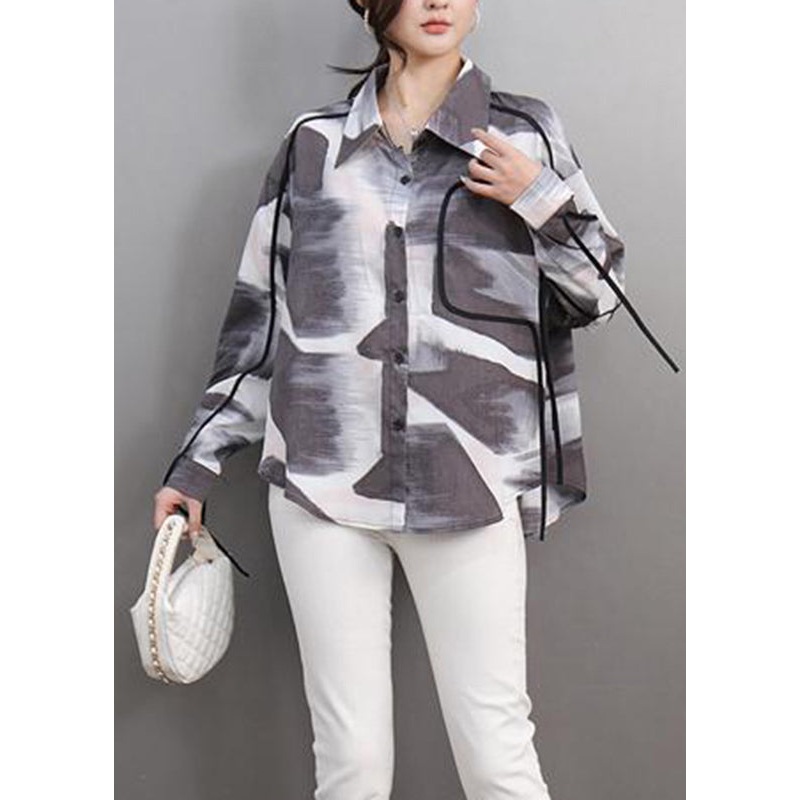 Chinese Style Grey Print Patchwork Button Shirts Spring