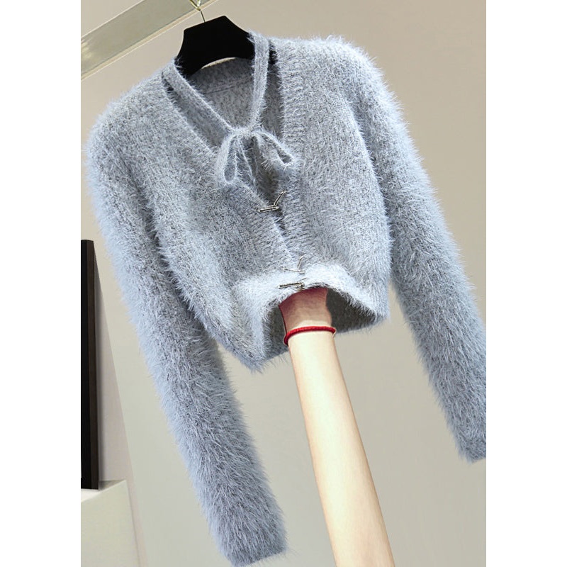 Classy Grey V Neck Bow Solid Ma Hai Mao Cotton Knit Sweaters Winter