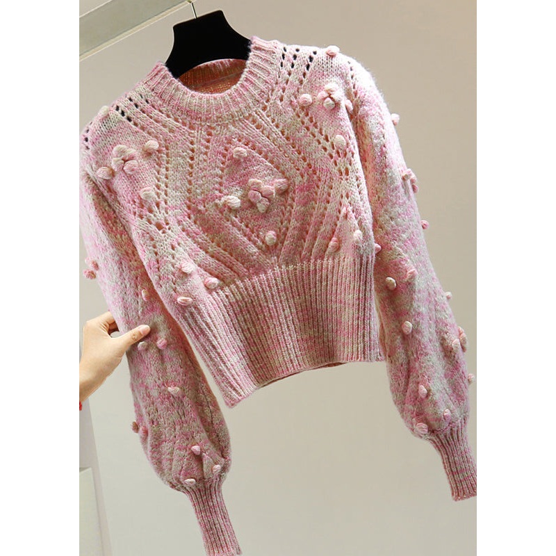 Cute Pink Embroidered Hollow Out Floral Cotton Knit Sweater