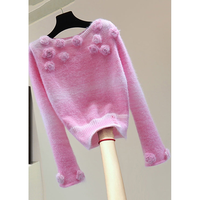Cute Pink Floral Thick Cotton Knit Sweaters Spring