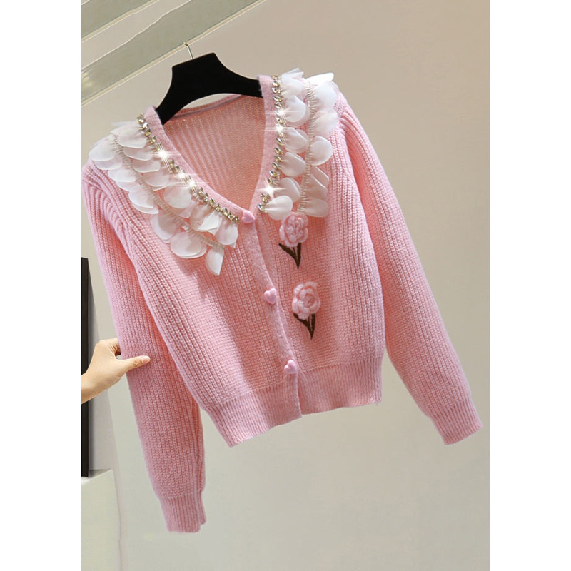 Cute Pink Zippered Patchwork Floral Cotton Knit Sweater Winter