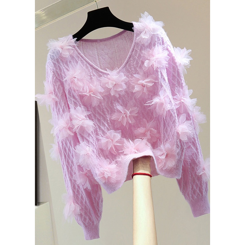 Cute Purple V Neck Floral Nail Bead Cotton Knit Sweaters