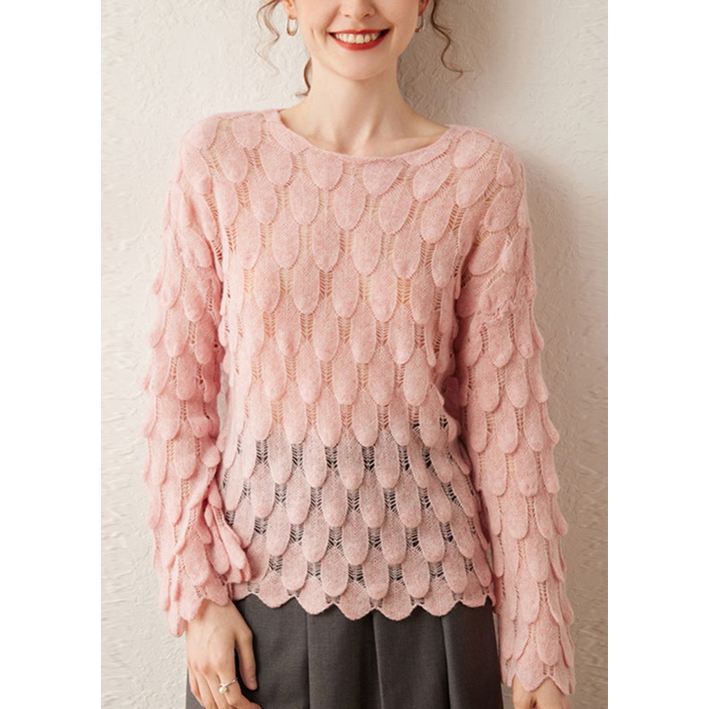 DIY Pink O-Neck Hollow Out Feather Knit Sweater Spring