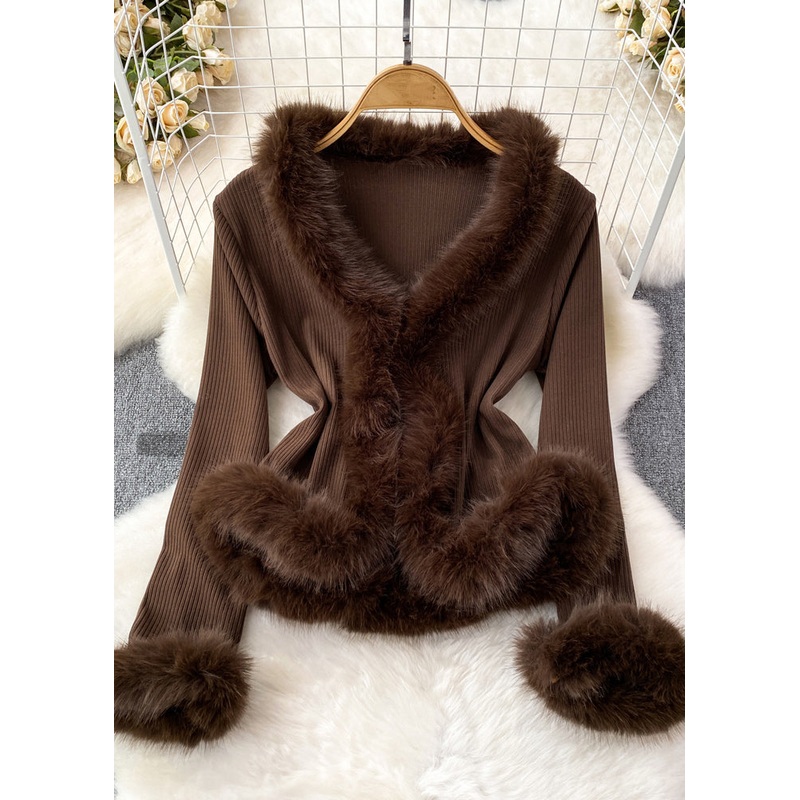 Elegant Brown Fur Collar Patchwork Cotton Knit Sweater Flare Sleeve