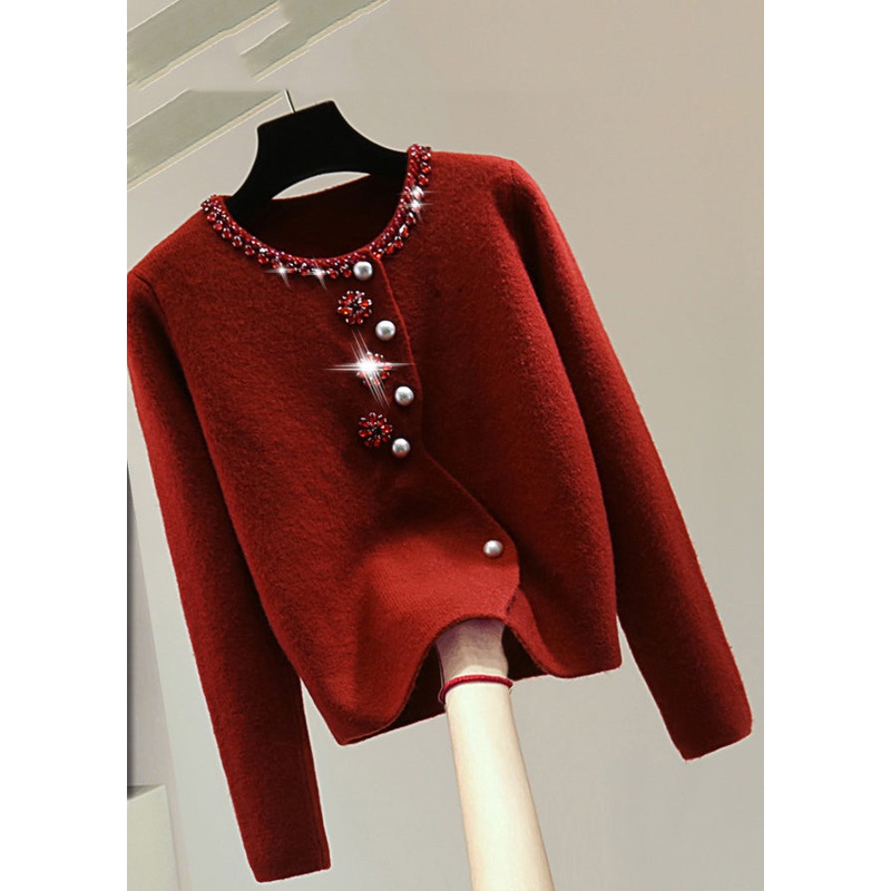 Elegant Red O-Neck Thick Cotton Knit Sweater Winter