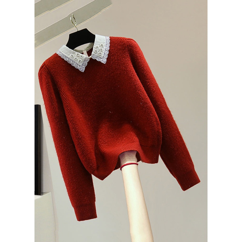 Fashion Red Peter Pan Collar Nail Bead Cotton Knit Sweater Winter
