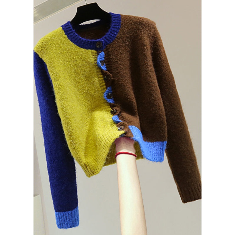 Fitted Colorblock Ruffled Button Thick Cotton Knit Sweater