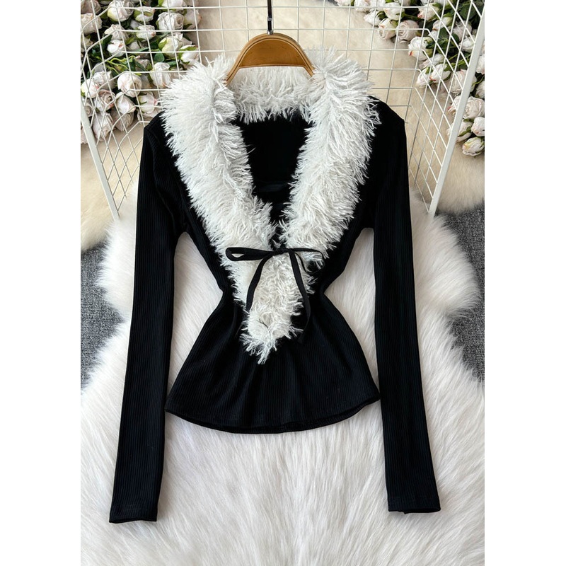 French Black Fur Collar Patchwork Tie Waist Cotton Knit Sweaters Winter