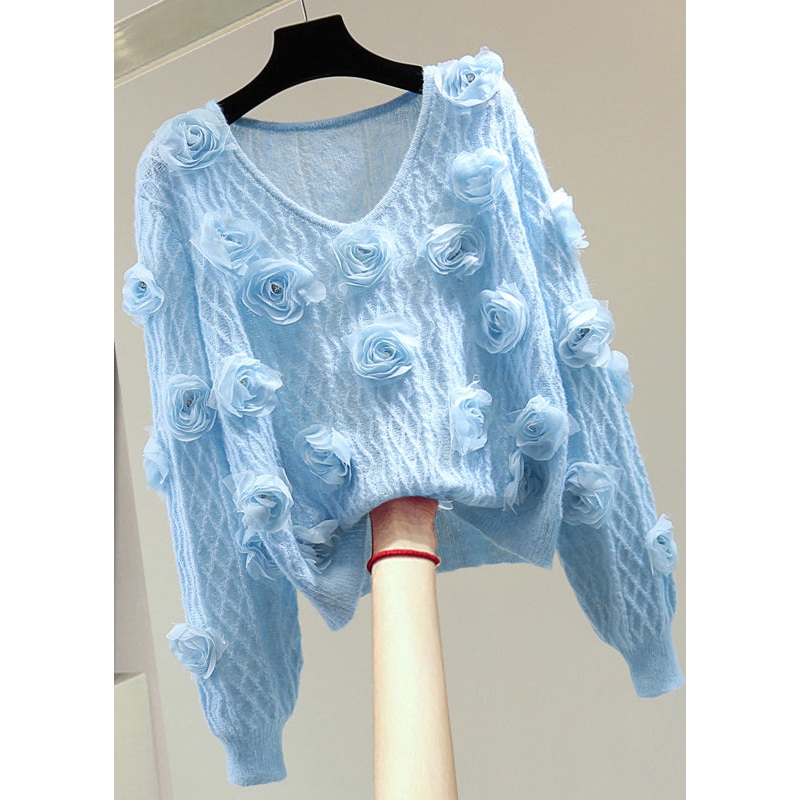 French Blue O-Neck Floral Zircon Cotton Knit Sweater