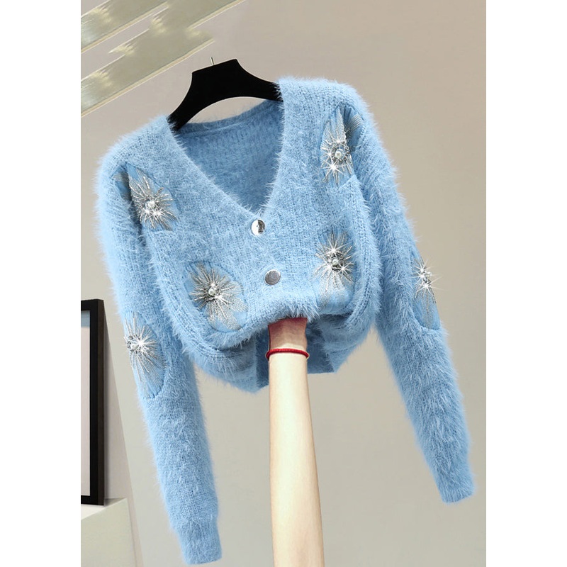 French Blue Zippered Patchwork Nail Bead Cotton Knit Sweater Winter