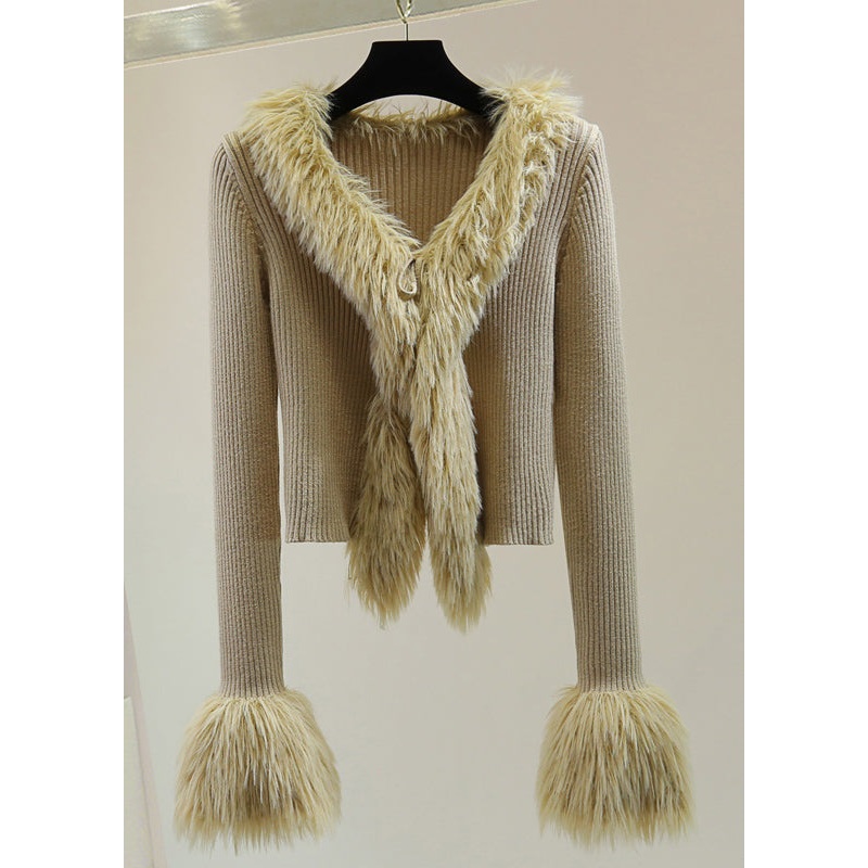 French Khaki Fur Collar Patchwork Cotton Knit Sweater Tops Winter