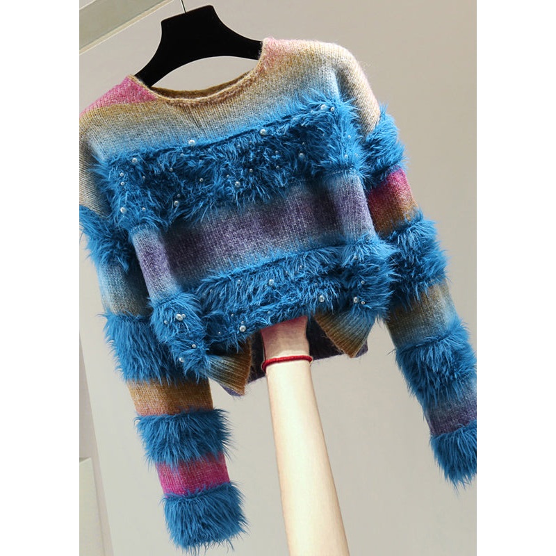 Gradient Color Blue O-Neck Patchwork Nail Bead Cotton Knit Sweaters