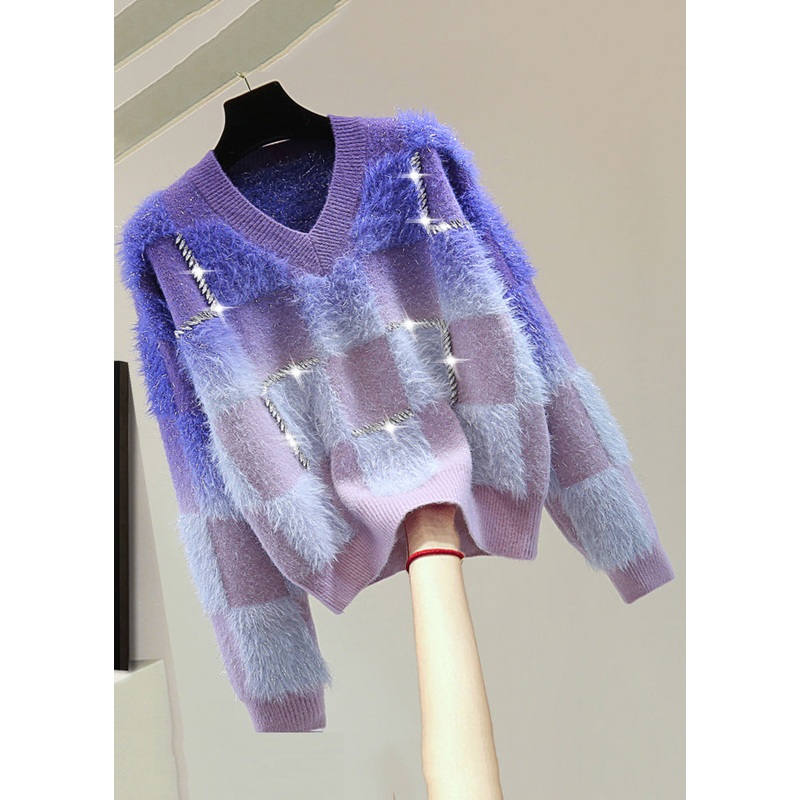 Gradient Color Blue O-Neck Zircon Ma Hai Mao Cotton Knit Sweater Tops