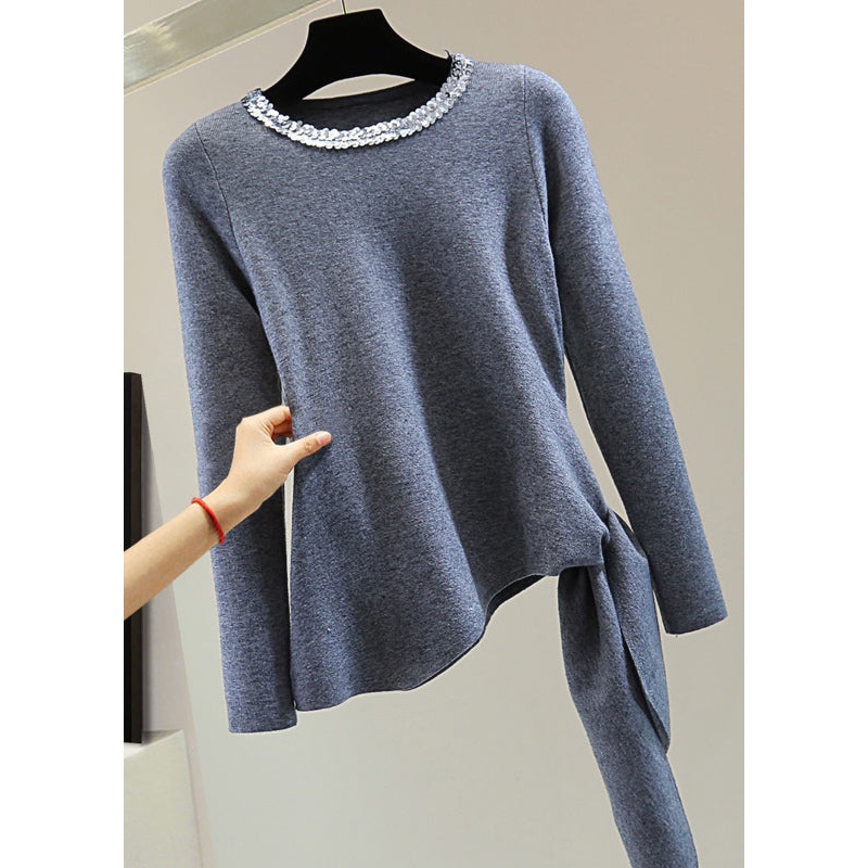 Grey O-Neck Tie Waist Cotton Knit Sweater Long Sleeve