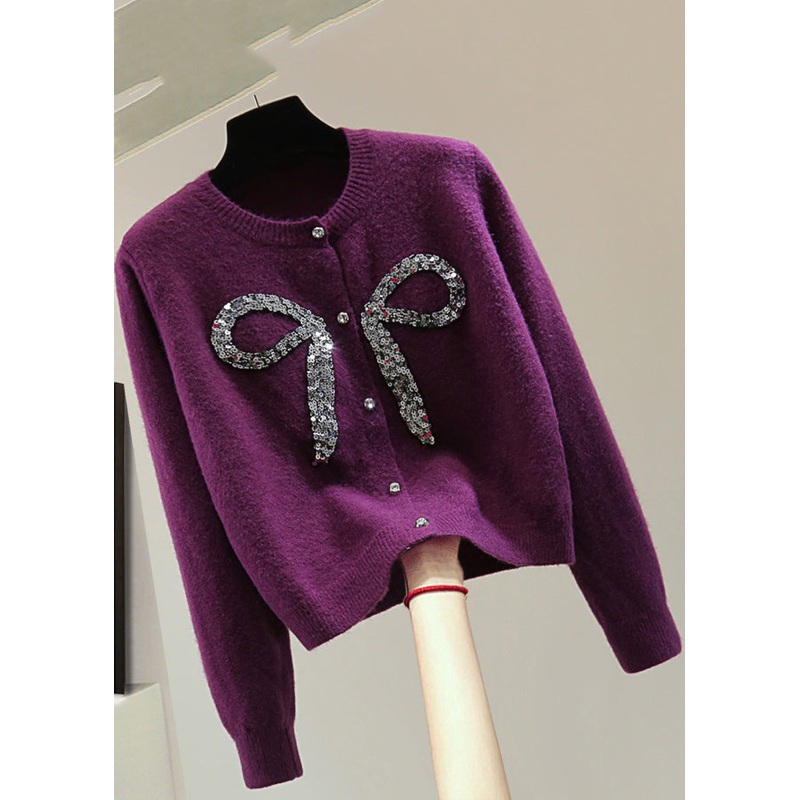Handmade Purple Bow Nail Bead Sequins Cotton Knit Sweaters Winter