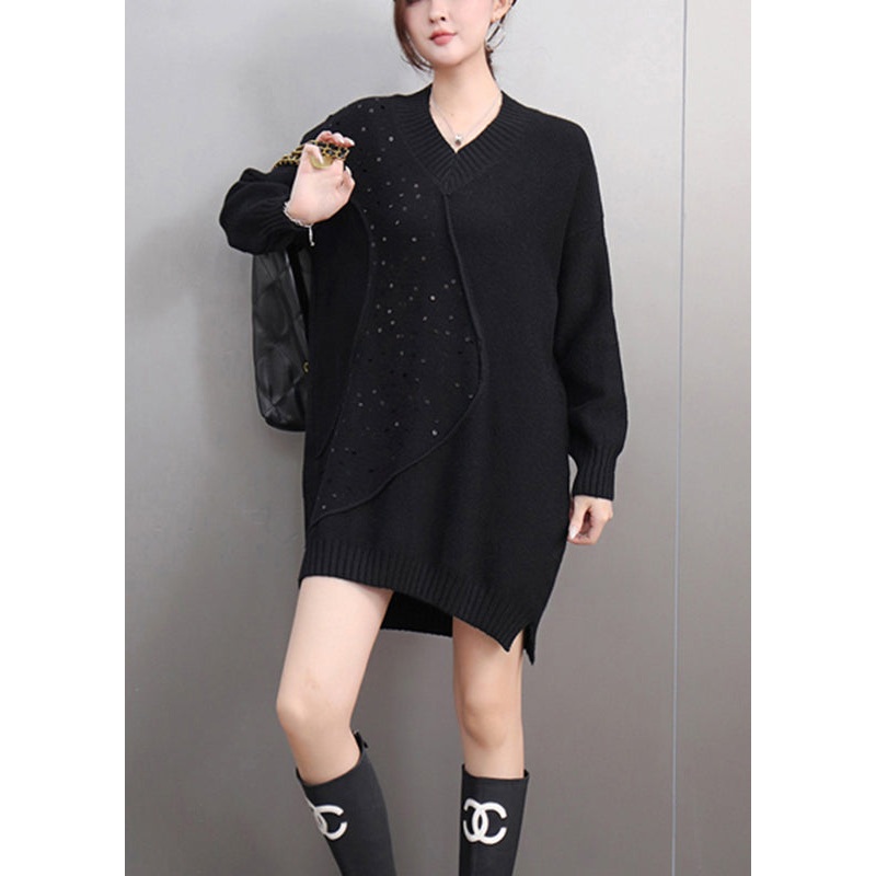 Italian Black Asymmetrical Thick Patchwork Sequins Cotton Knit Sweaters Winter