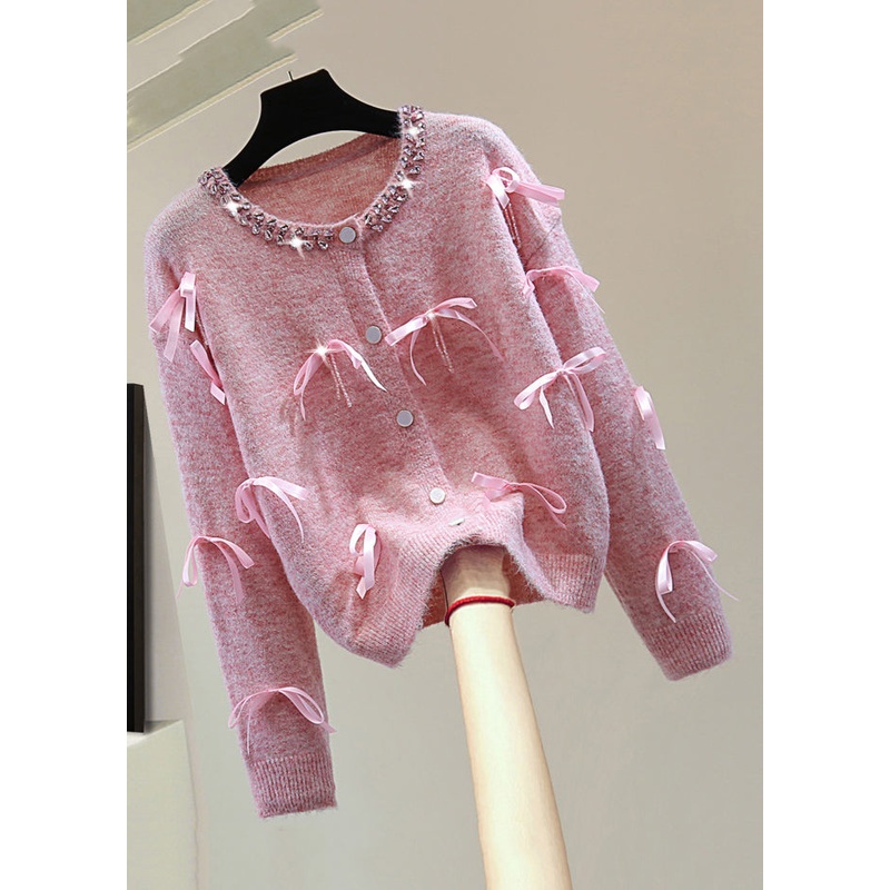 Italian Pink O-Neck Zippered Bow Cotton Knit Sweaters Winter