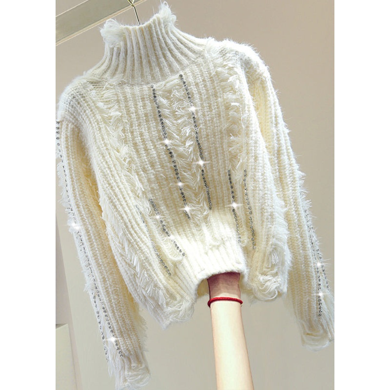 Italian White Turtleneck Patchwork Zircon Thick Cotton Knit Sweaters