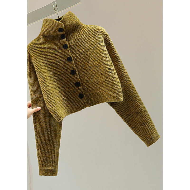 Italian Yellow Turtleneck Button Cotton Knitted Sweater Batwing Sleeve