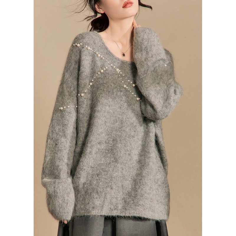 Loose Grey O Neck Pearl Cotton Knit Sweaters Winter