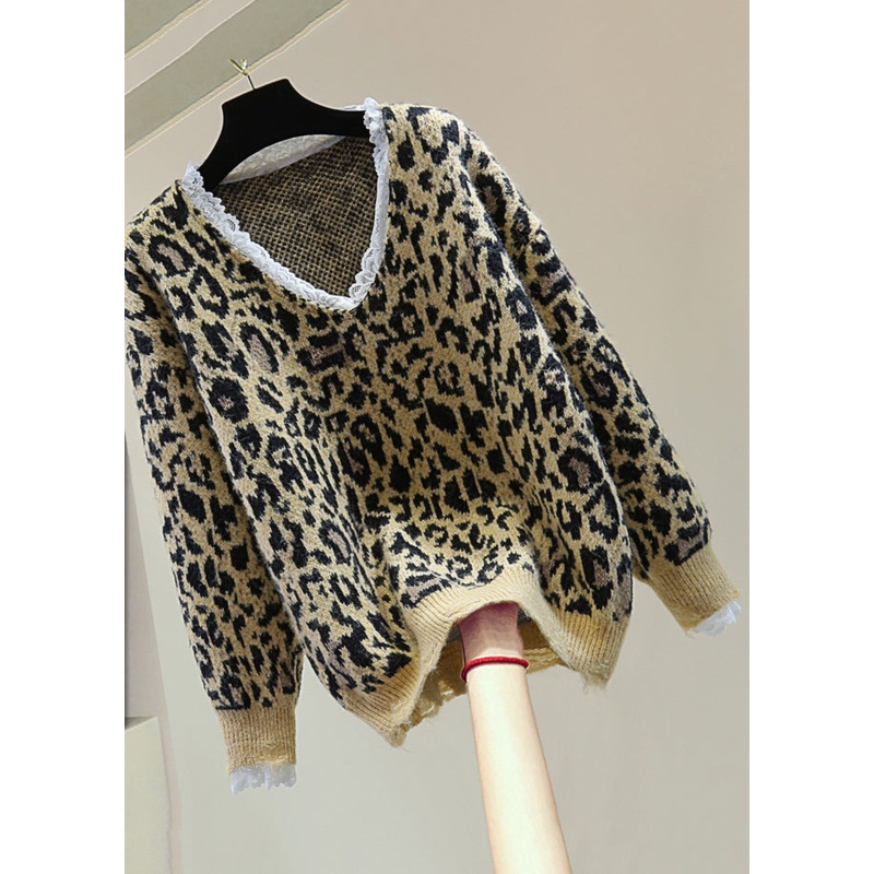Loose Khaki Leopard Lace Patchwork Hole Cozy Cotton Knit Sweater Winter