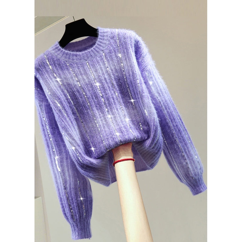 Modern Purple O-Neck Sequins Cotton Knit Sweater