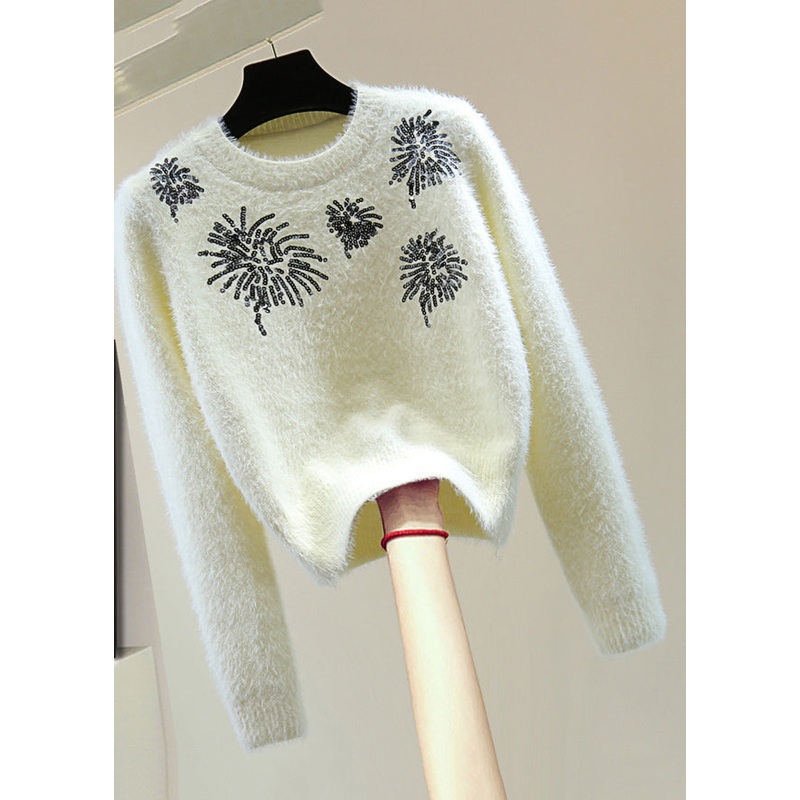 Natural White O-Neck Sequins Thick Cotton Knit Sweater Winter