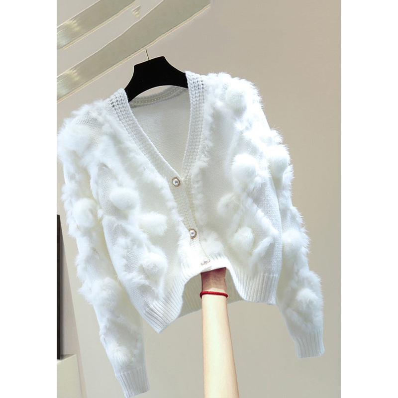 Natural White V Neck Thick Cotton Knit Sweater Spring