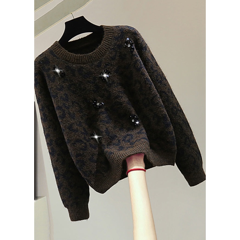 Organic Leopard Zippered Nail Bead Cotton Knit Sweater Winter