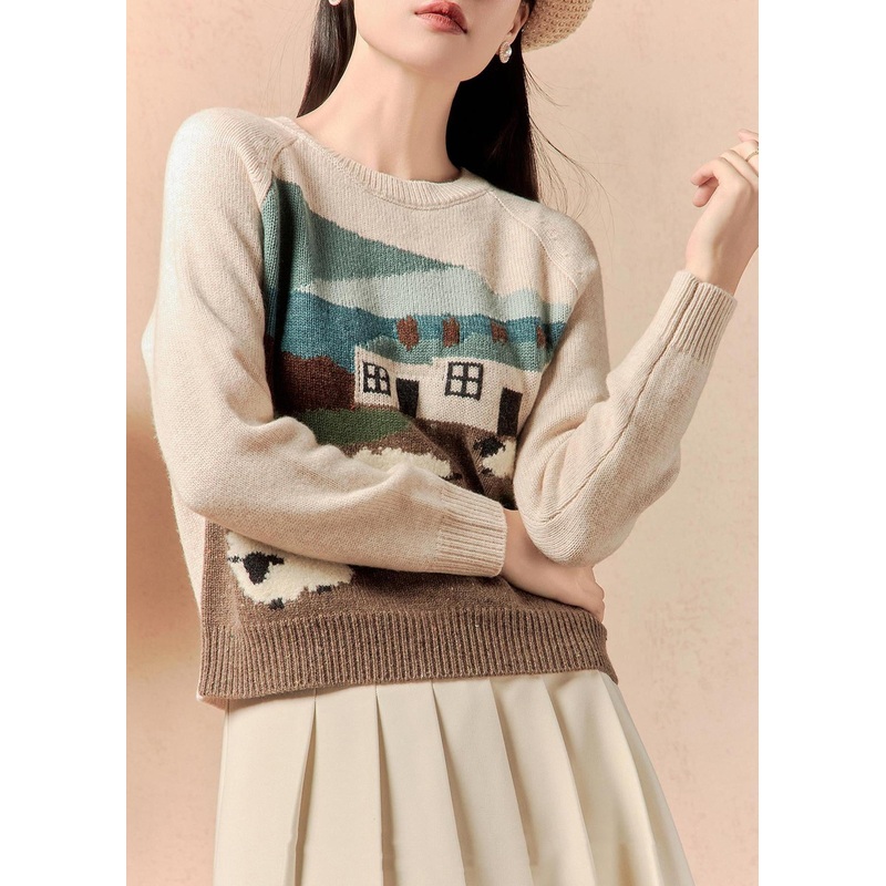 Original Beige O Neck Cozy Knit Sweaters Winter