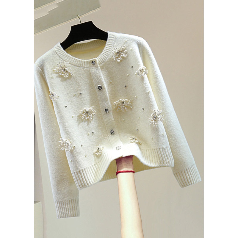 Original Design Apricot Floral Nail Bead Thick Cotton Knit Sweaters Winter
