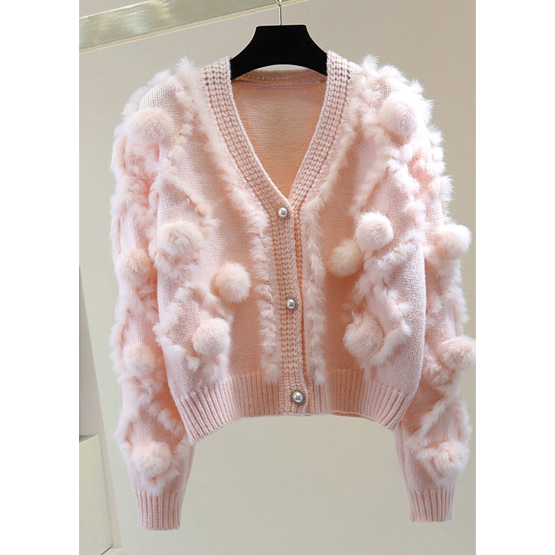 Pink Fuzzy Ball Decorated Cotton Knitted Sweater Long Sleeve