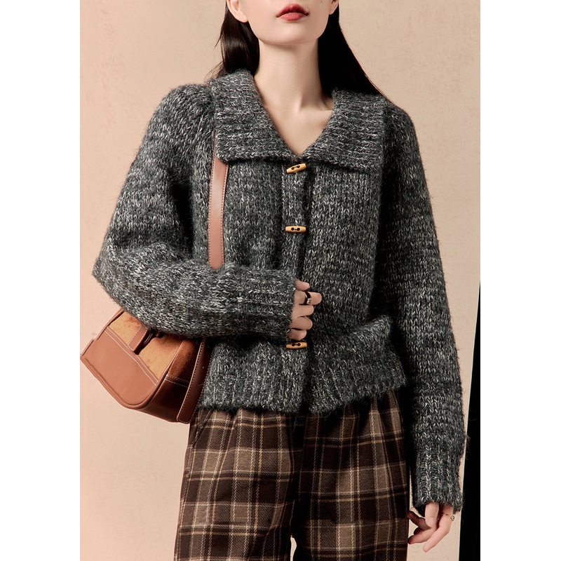Simple Grey Peter Pan Collar Button Knit Coats Winter