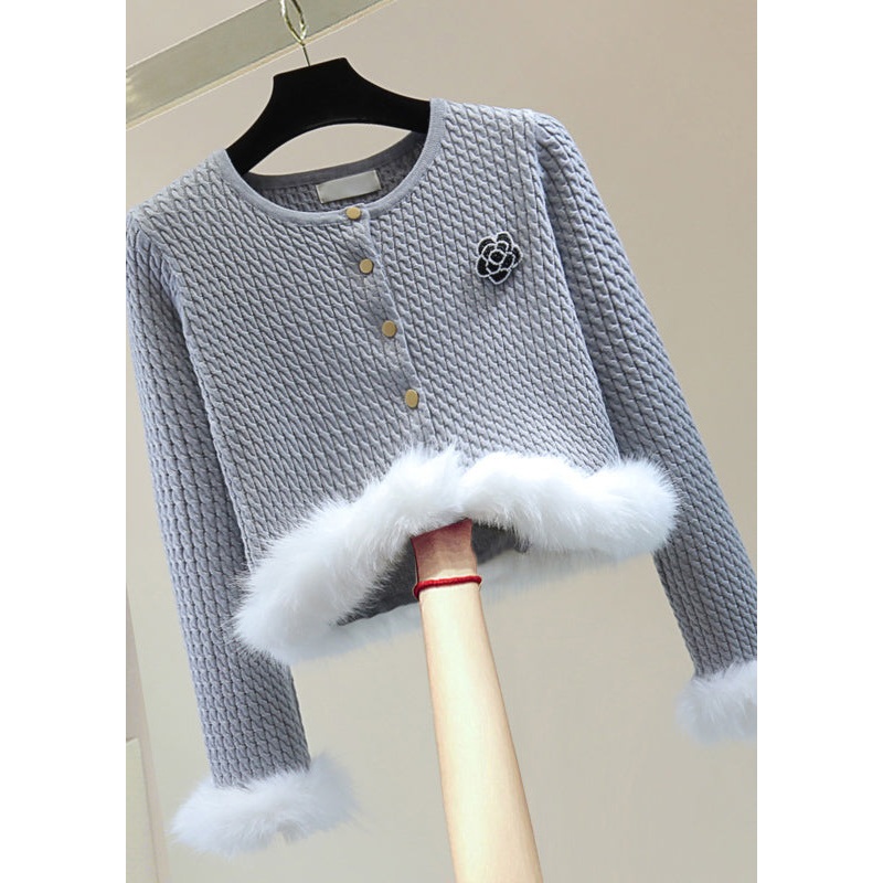 Stylish Grey O-Neck Floral Fuzzy Fur Fluffy Cotton Knit Sweater Winter