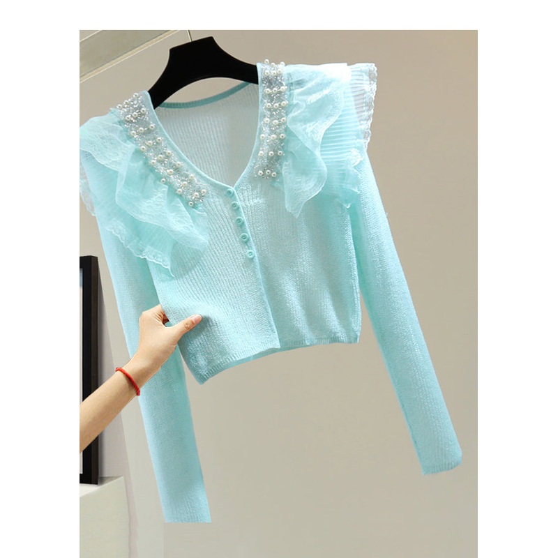 Stylish Lake Blue V Neck Nail Bea Lace Patchwork Cotton Knit Sweater Spring