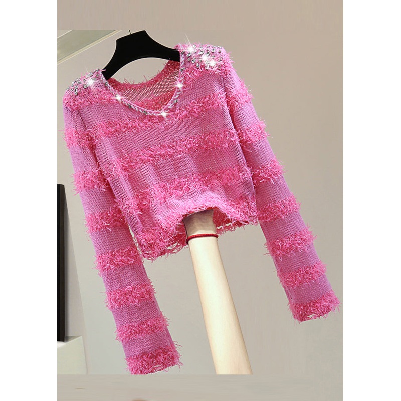 Stylish Rose V Neck Sequins Zircon Tassel Knit Sweater Spring