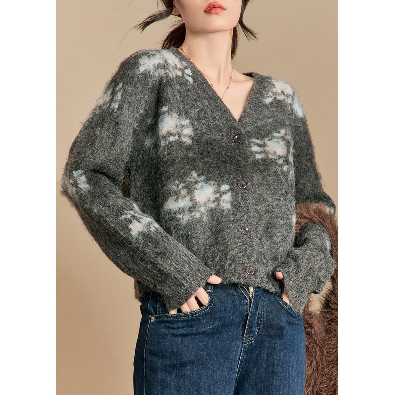 Unique Dark Gray V Neck Button Cotton Knit Sweaters Winter
