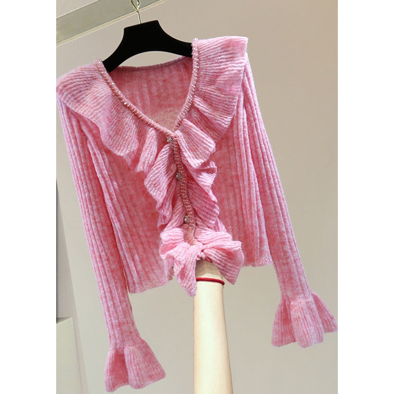 Vogue Pink V Neck Ruffled Patchwork Cotton Knit Sweater Winter