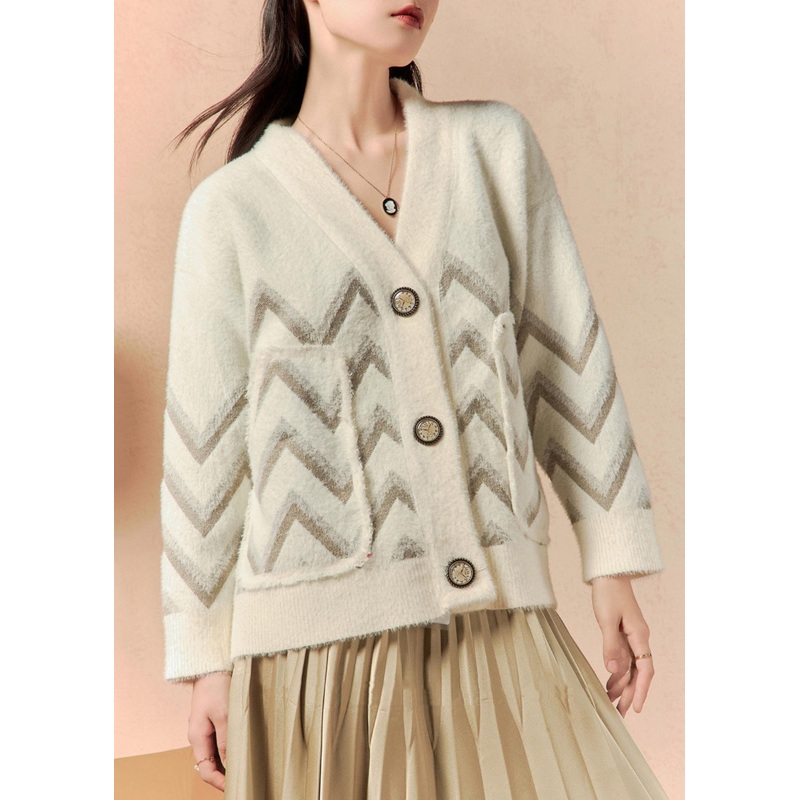 Women Beige V Neck Button Pockets Knit Coat Winter